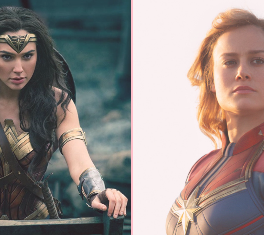 Gal Gadot as Wonder Woman and Brie Larson as Captain Marvel