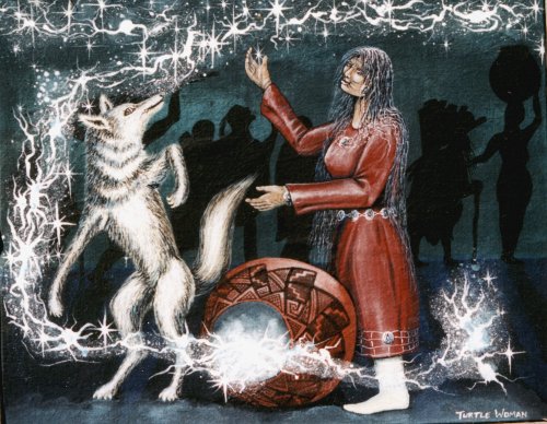 Illustration of Spider Woman in Hopi mythology speaking to a wolf