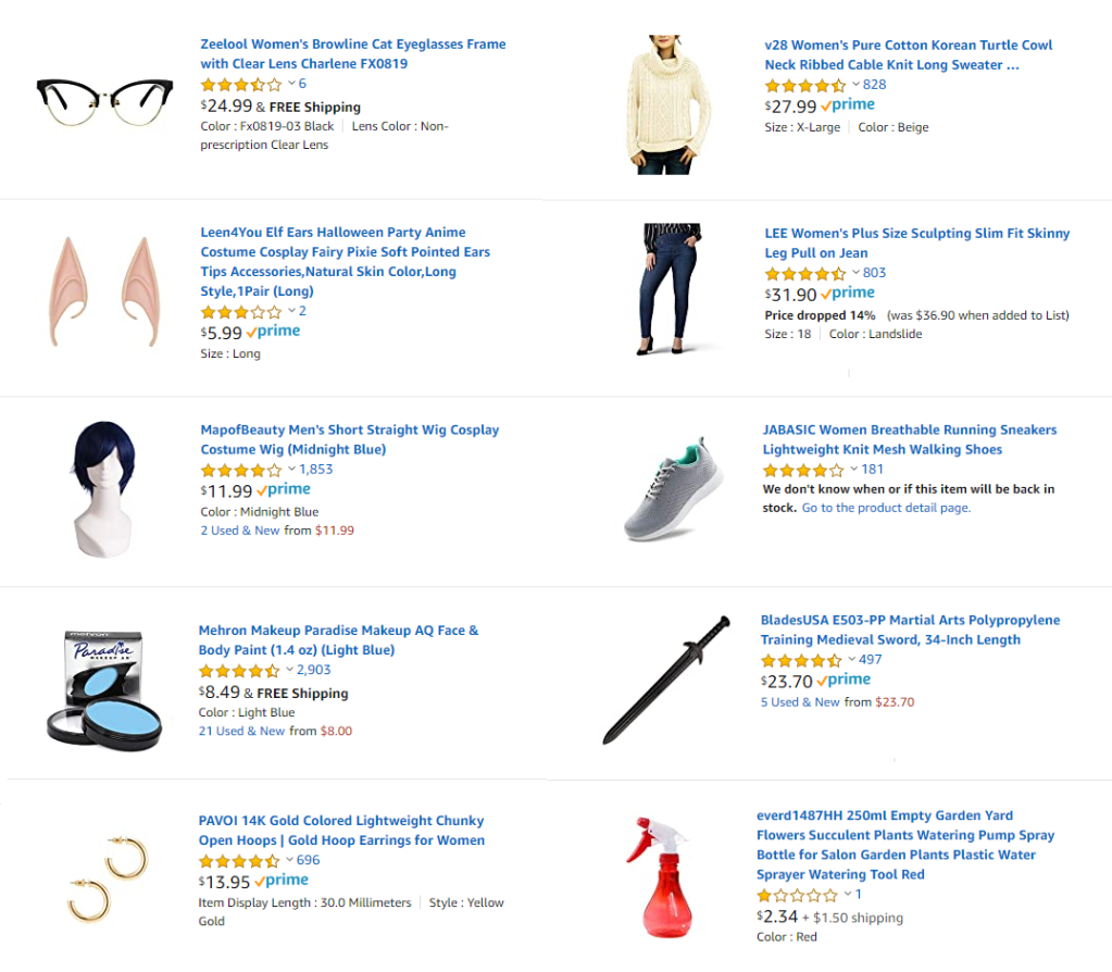 Amazon Wishlist screenshot image for items needed for the Laurel Lightfoot cosplay 