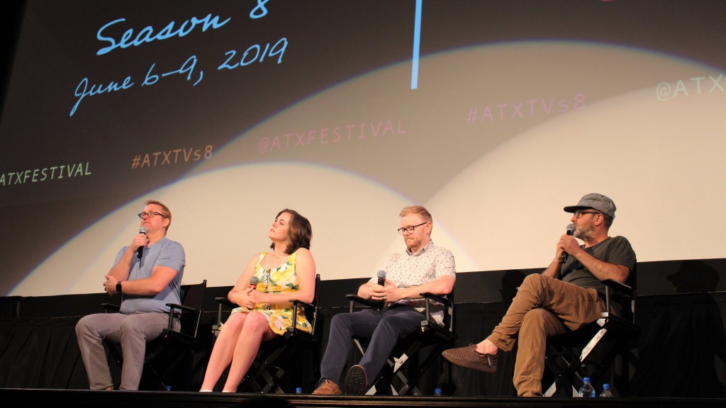 Executive producer Matt Thompson, Lead Story Board artist Taylor Parrish, Producer/Art Director Chad Hurd, and actor H. Jon Benjamin speak at the “Archer” screening and panel.